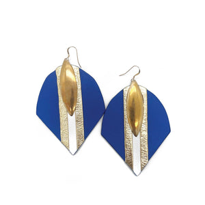"Blue Brass" Blue and White Leather Earring with Brass