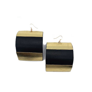 "Comma" Black and Gold Large Leather Earrings