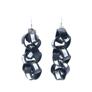 Black and Silver Leather Earrings Chain Breakers "Rider" - Lobe' Dangle