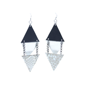 Black and Silver Leather Earrings "Reflect" - Lobe' Dangle