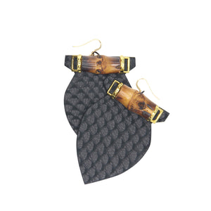 Black Leather and Bamboo Earrings "Autumn" - Lobe' Dangle