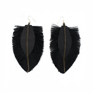 Black Leather Earrings with Feathers "Night Ryder" - Lobe' Dangle
