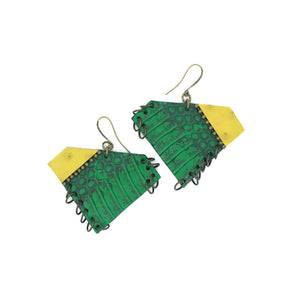 Green and Yellow Leather Earrings "Everglade" - Lobe' Dangle